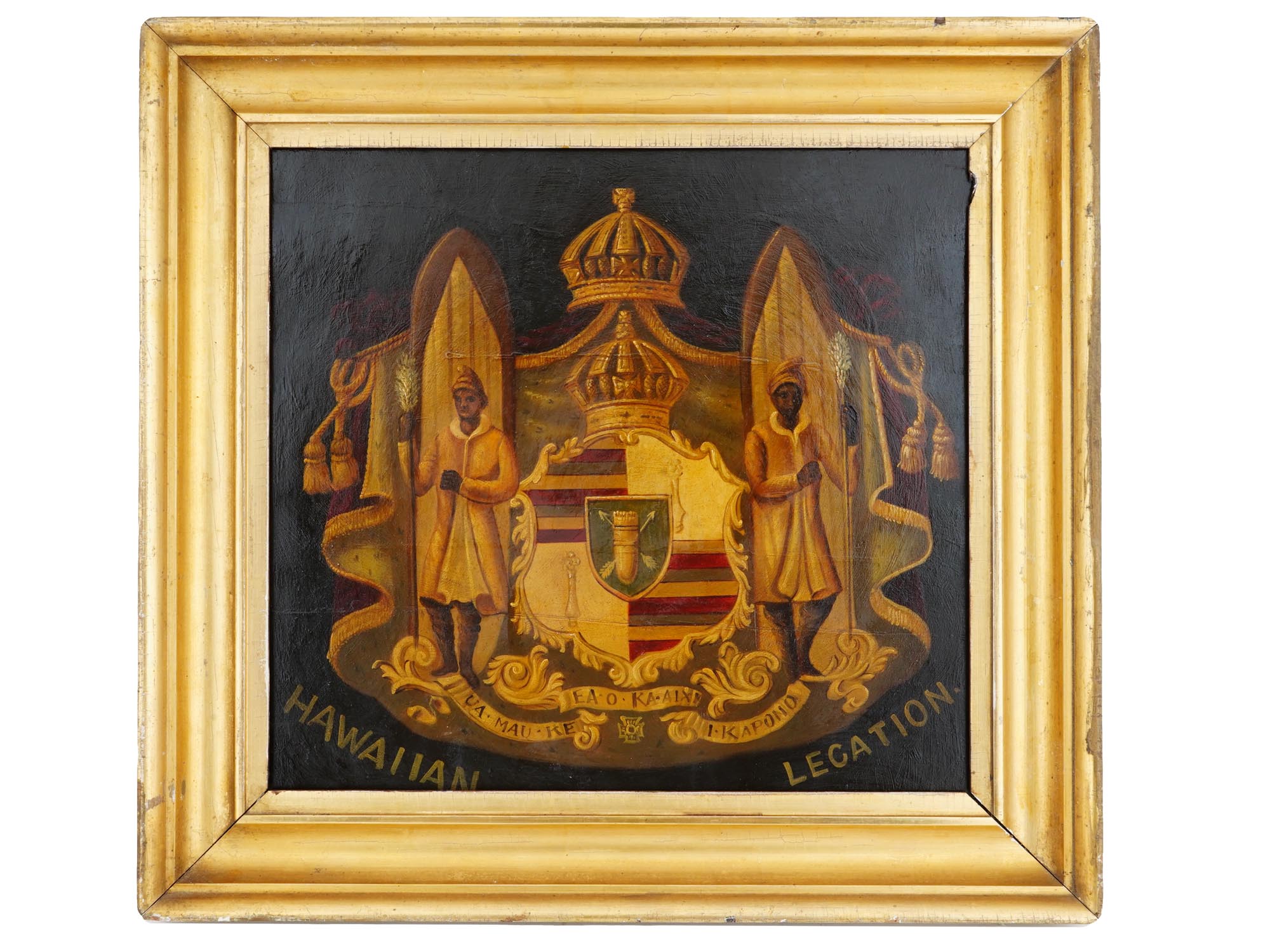 ANTIQUE HAWAIIAN ROYAL COAT OF ARMS OIL PAINTING PIC-0