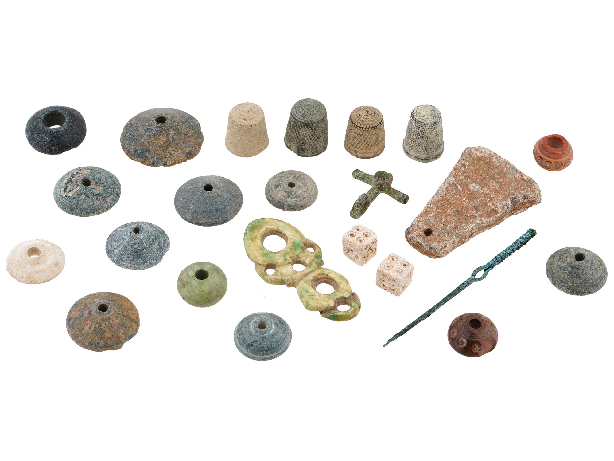 ANCIENT ROMAN GLASS SPINDLE WHORLS, THIMBLES AND MORE PIC-1