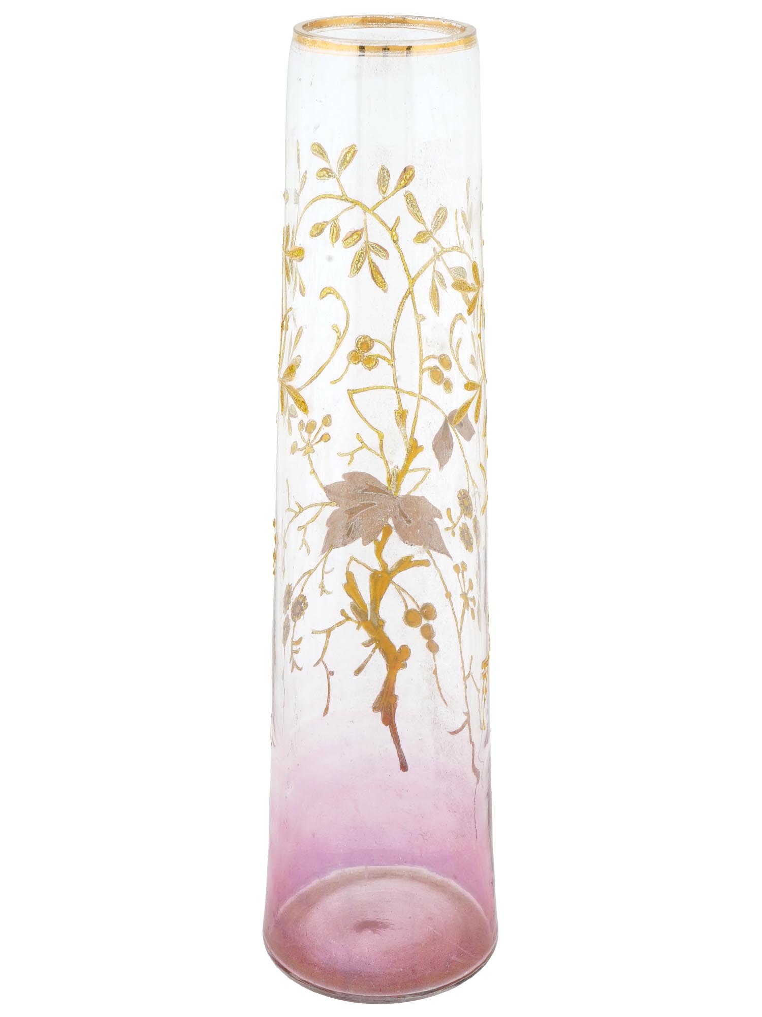 VINTAGE CLEAR GLASS VASE W GILDED FOLIAGE DESIGN PIC-1