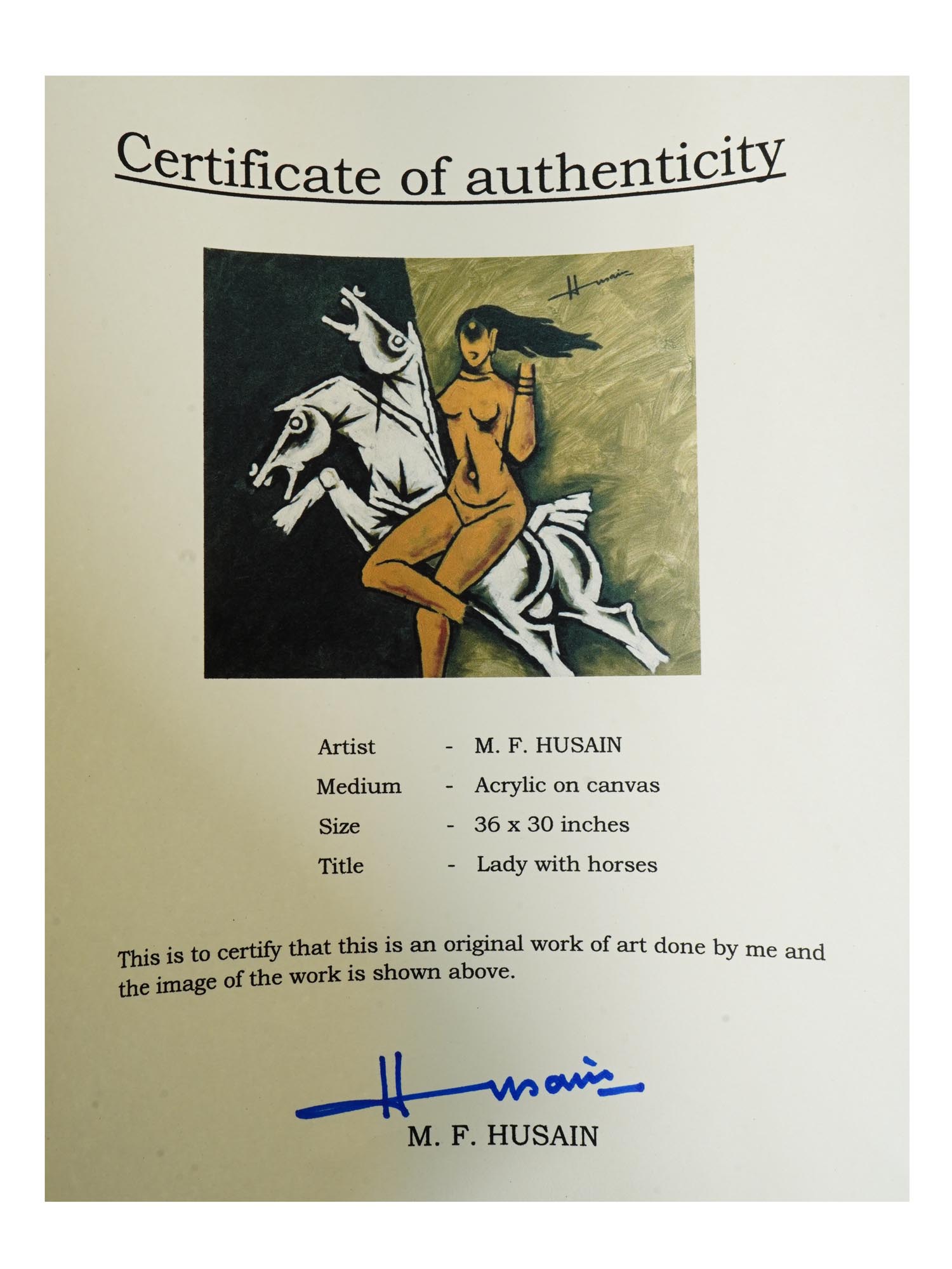 INDIAN ACRYLIC PAINTING ATTR MAQBOOL F HUSAIN W COA PIC-5