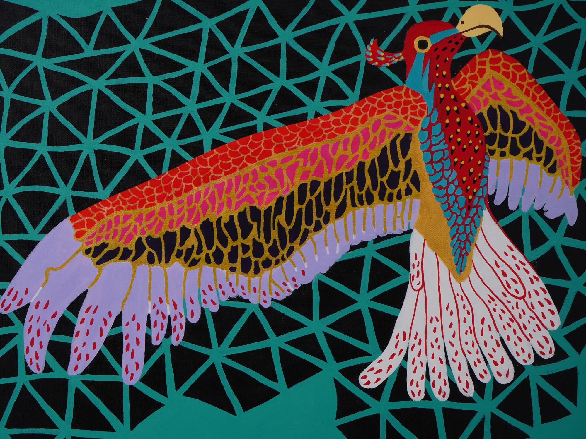 JAPANESE BIRD ACRYLIC PAINTING AFTER YAYOI KUSAMA PIC-1