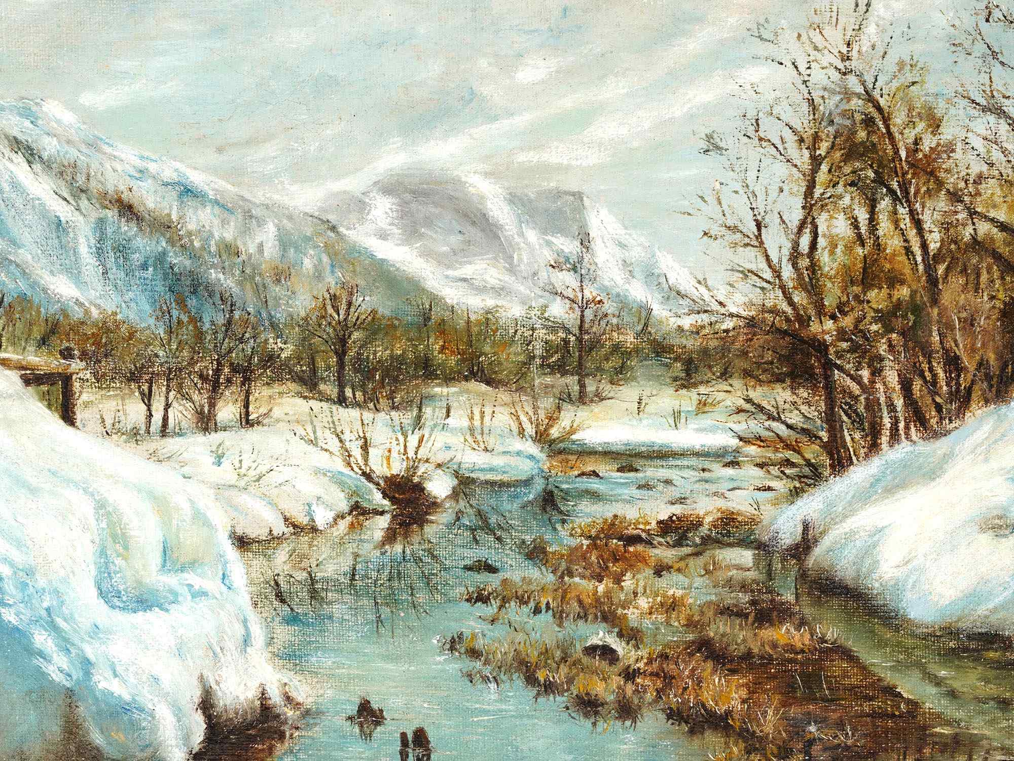 VINTAGE OIL ON BOARD WINTER LANDSCAPE PAINTING PIC-1