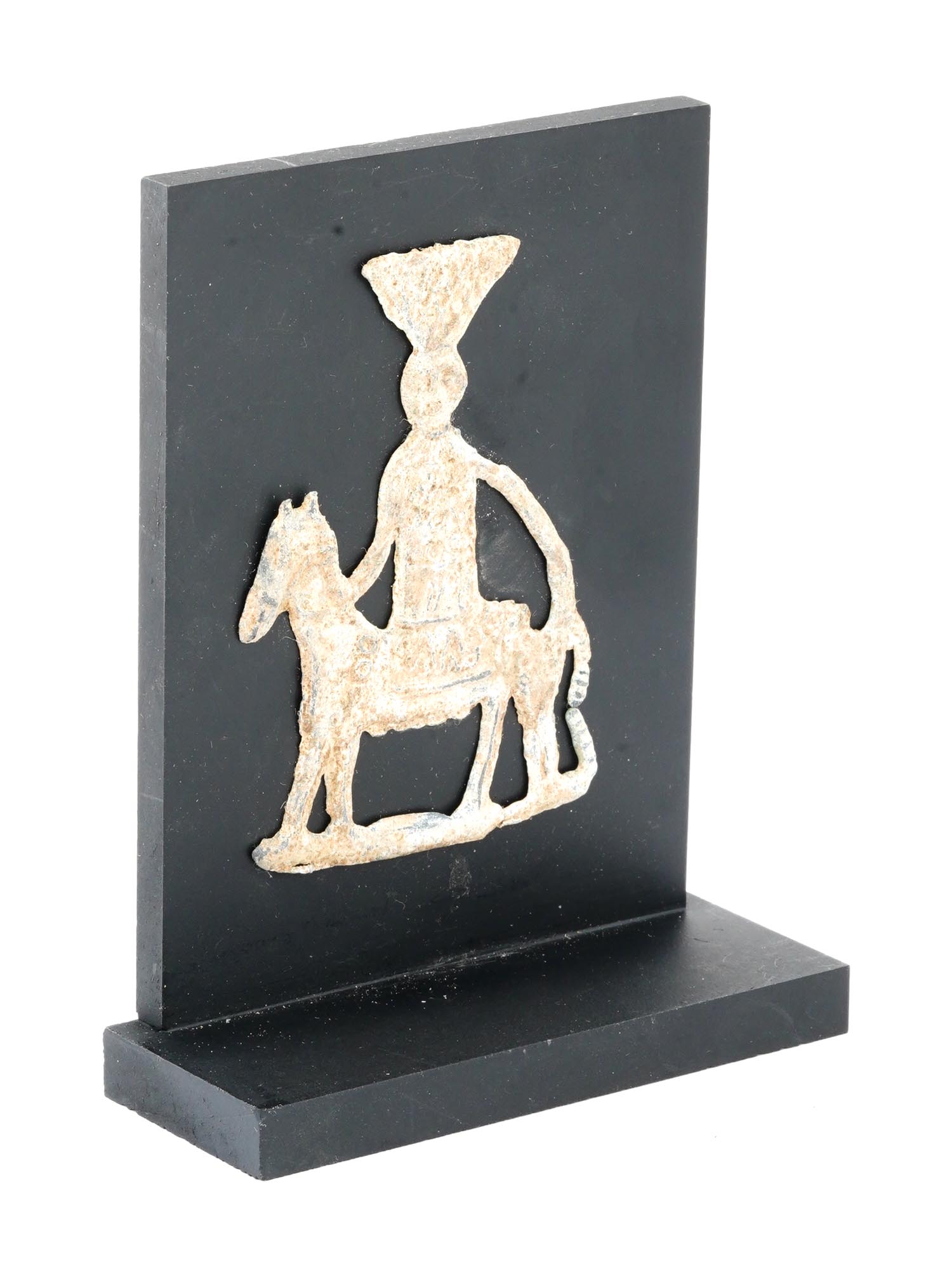 ANCIENT GOD ON HORSE PATINATED METAL PLAQUE STAND PIC-0