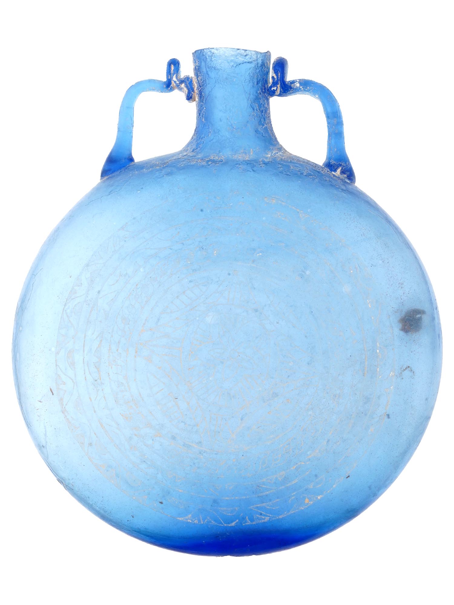 ANCIENT ISLAMIC CARVED GLASS FLASK WITH ORNAMENT PIC-1