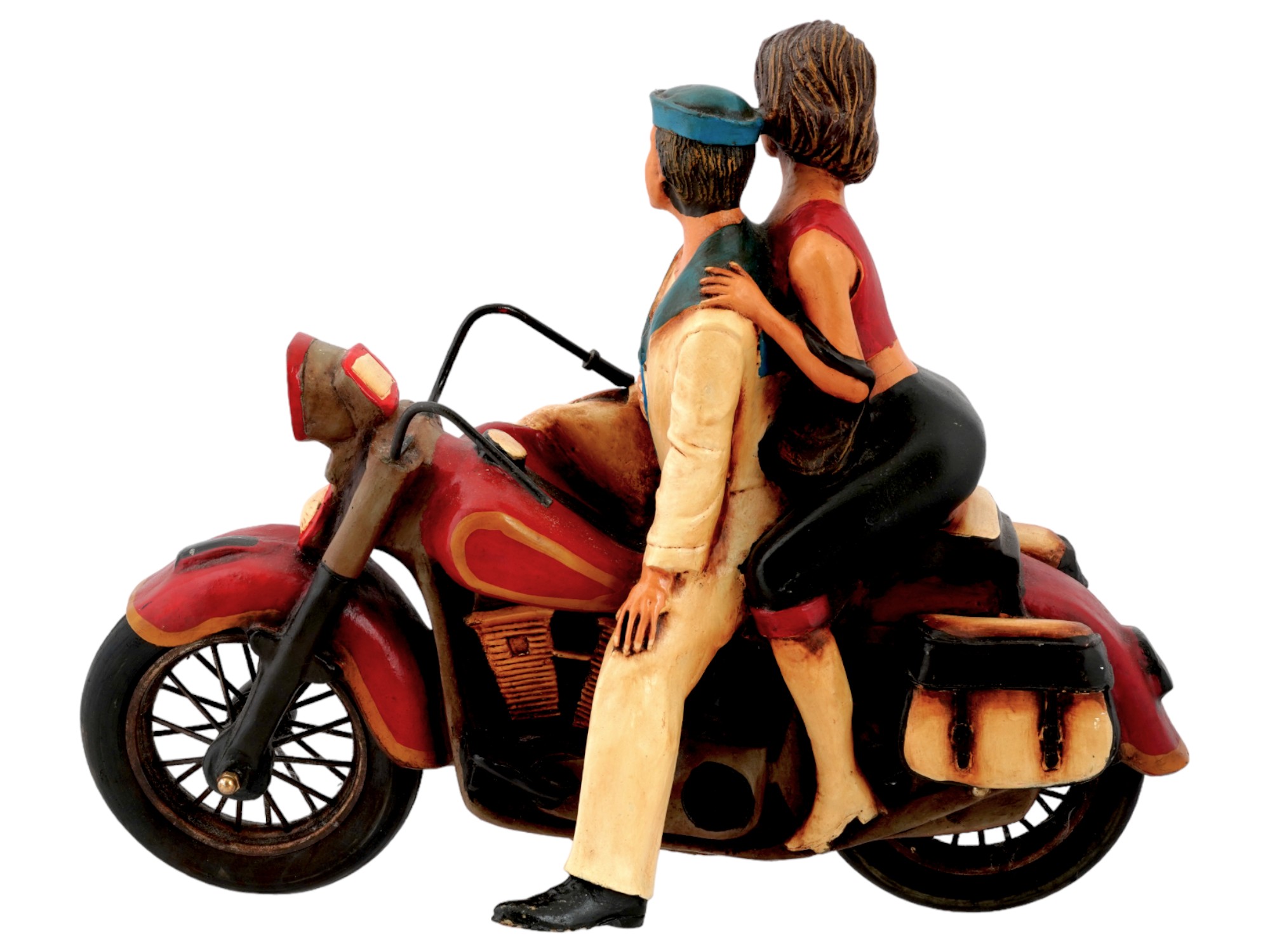 VINTAGE RESIN SCULPTURE MAN AND WOMAN ON A MOTORCYCLE PIC-1