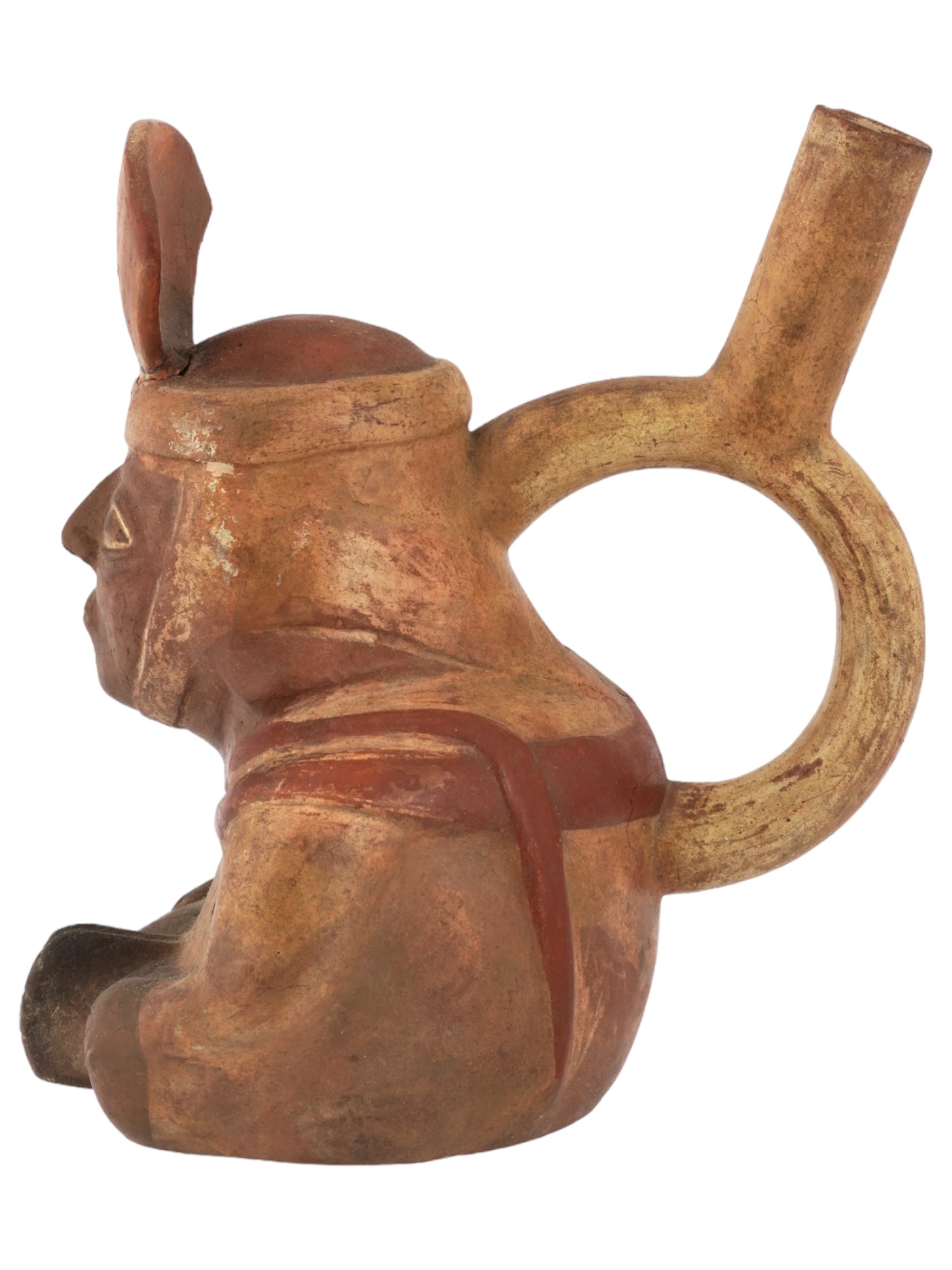 PRE COLUMBIAN STIRRUP BOTTLE WITH A SEATED FIGURE PIC-4