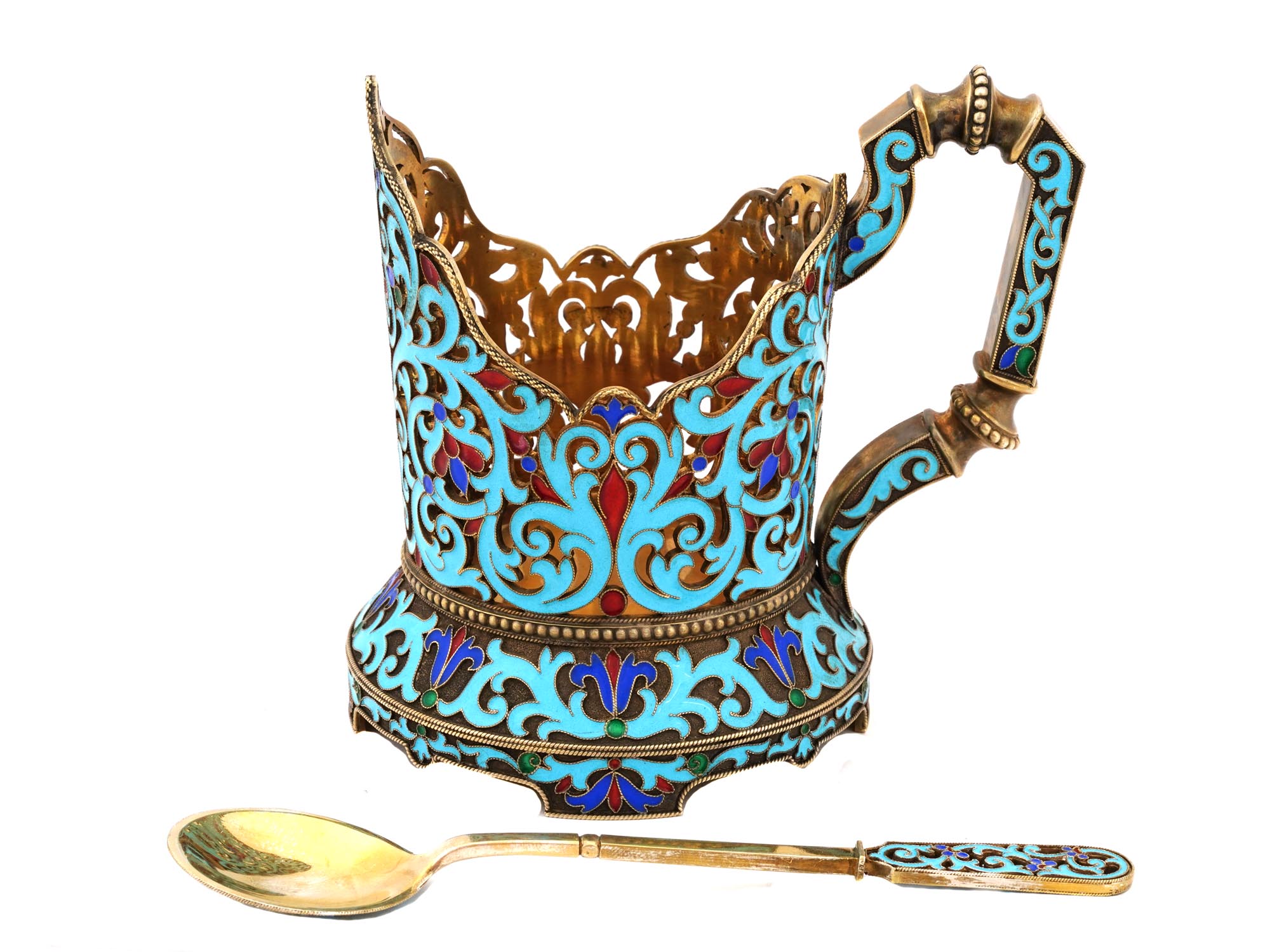 RUSSIAN SILVER ENAMEL TEA GLASS HOLDER WITH SPOON PIC-1