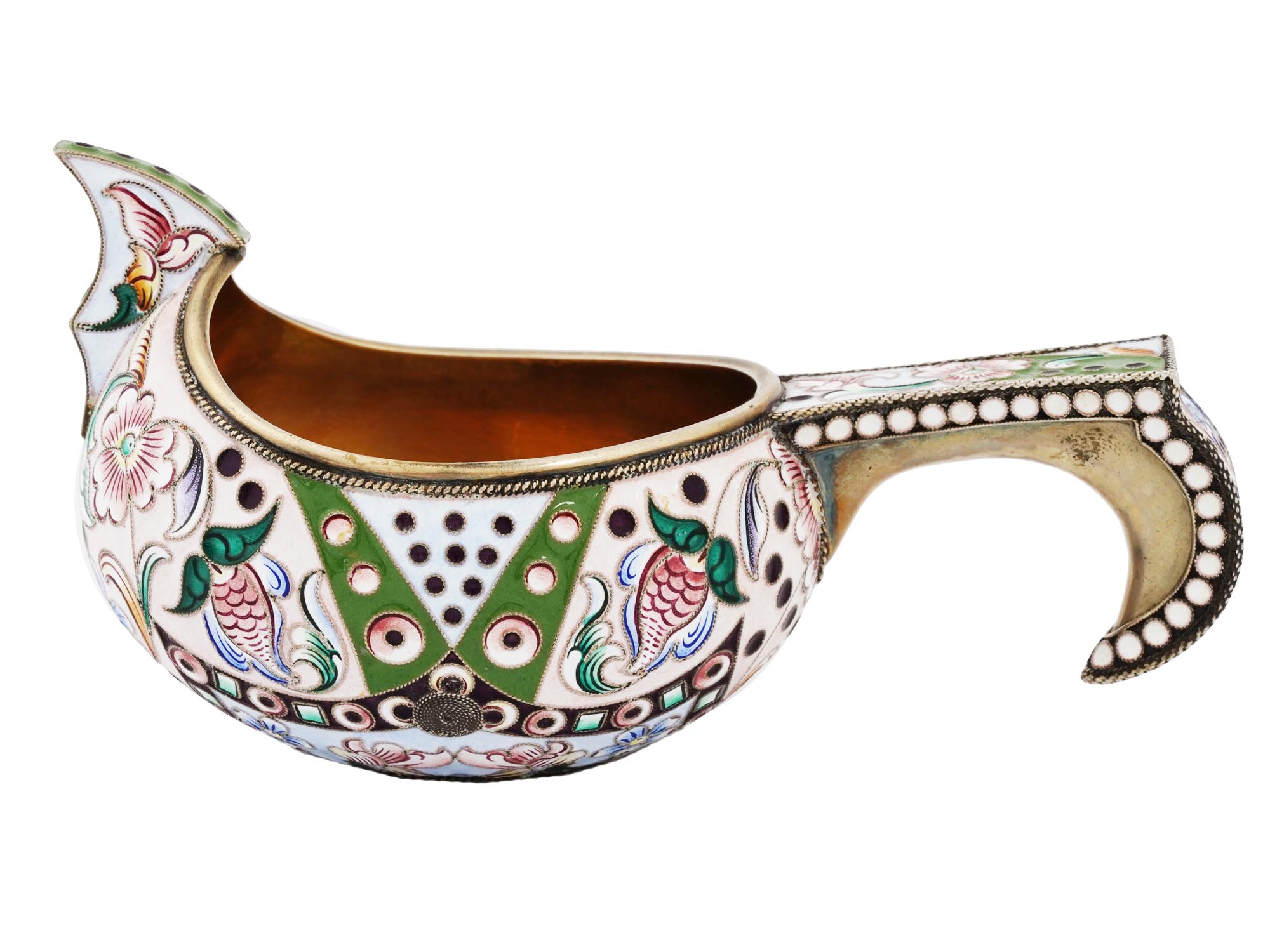 RUSSIAN GILT SILVER CLOISONNE ENAMEL KOVSH PIC-1