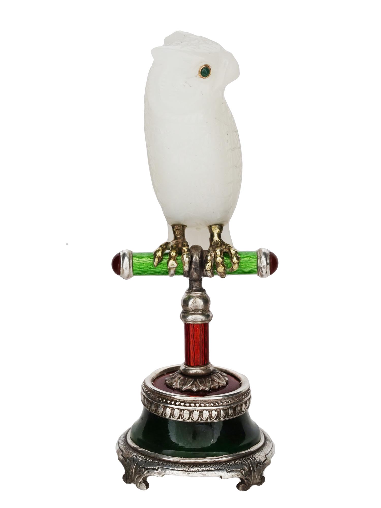 RUSSIAN SILVER GUILLOCHE ENAMEL WHITE JADE OWL FIGURE PIC-1