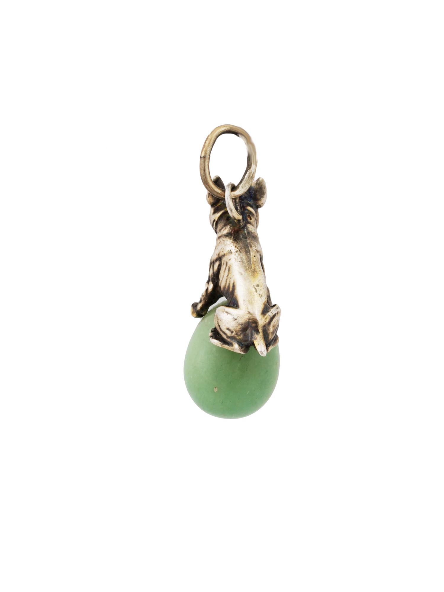 RUSSIAN SILVER BOWENITE JADE DOG FIGURINE EGG PENDANT PIC-2