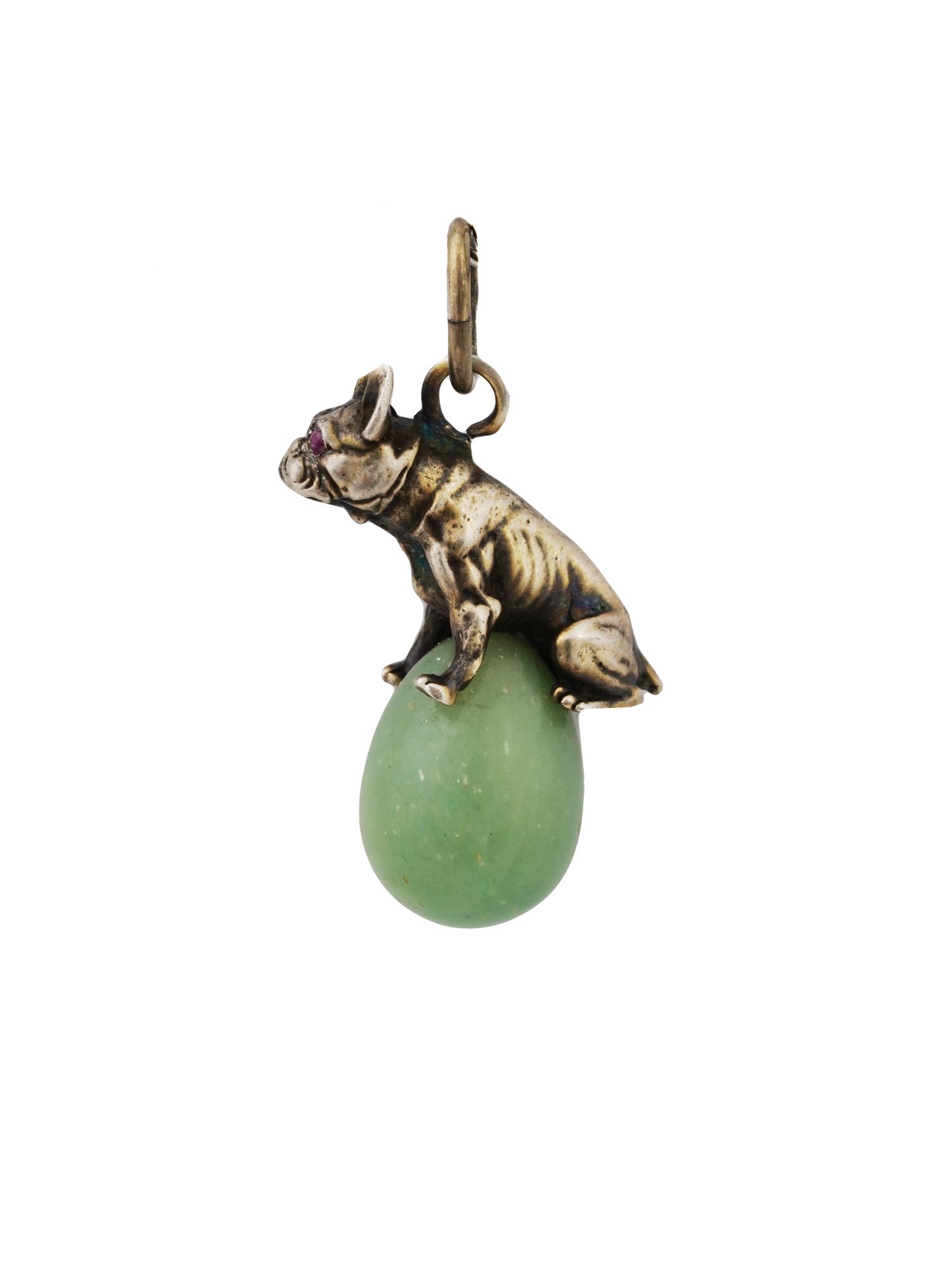 RUSSIAN SILVER BOWENITE JADE DOG FIGURINE EGG PENDANT PIC-1