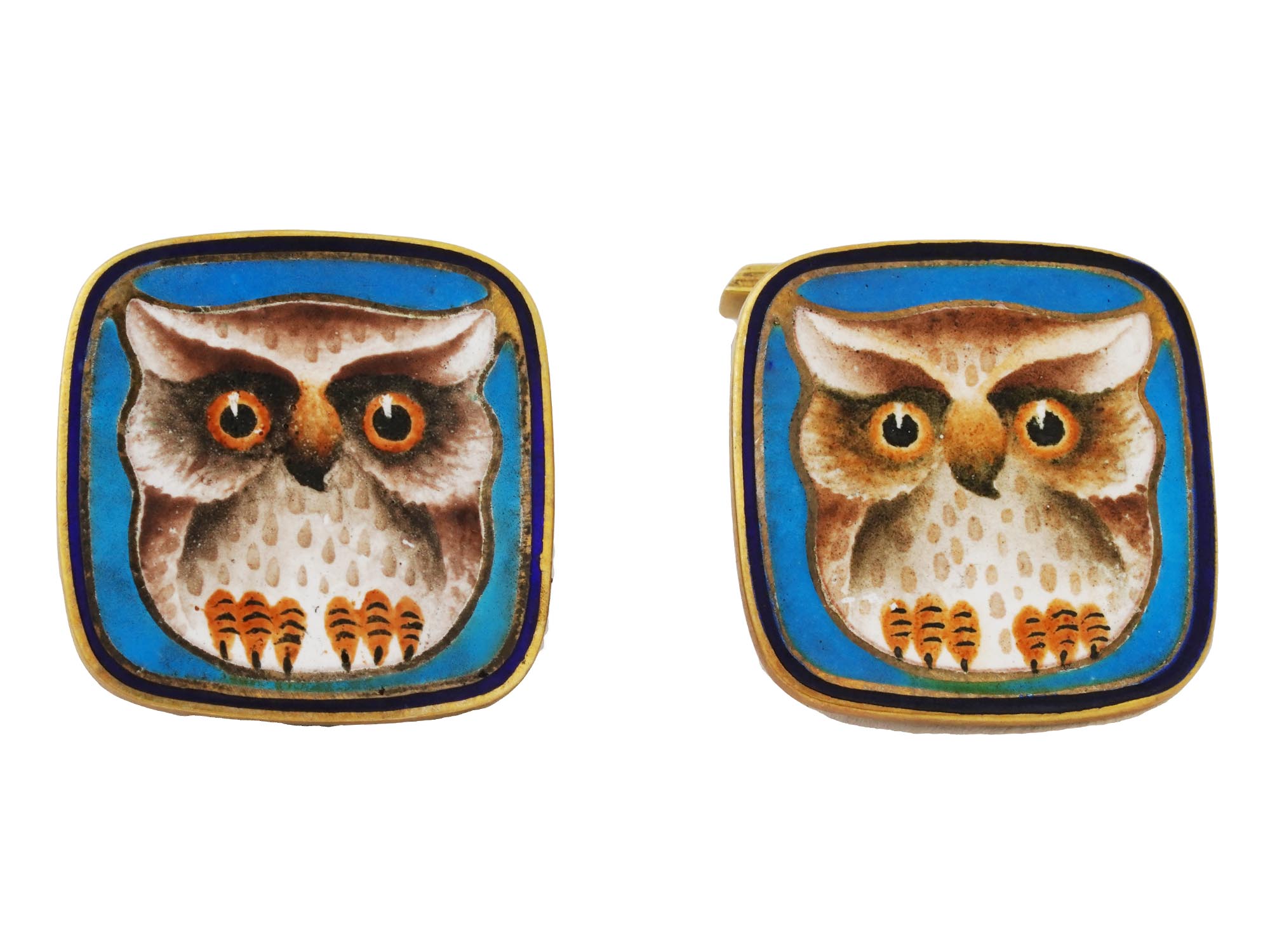 RUSSIAN SILVER GILT PAINTED ENAMEL OWL CUFFLINKS PIC-1