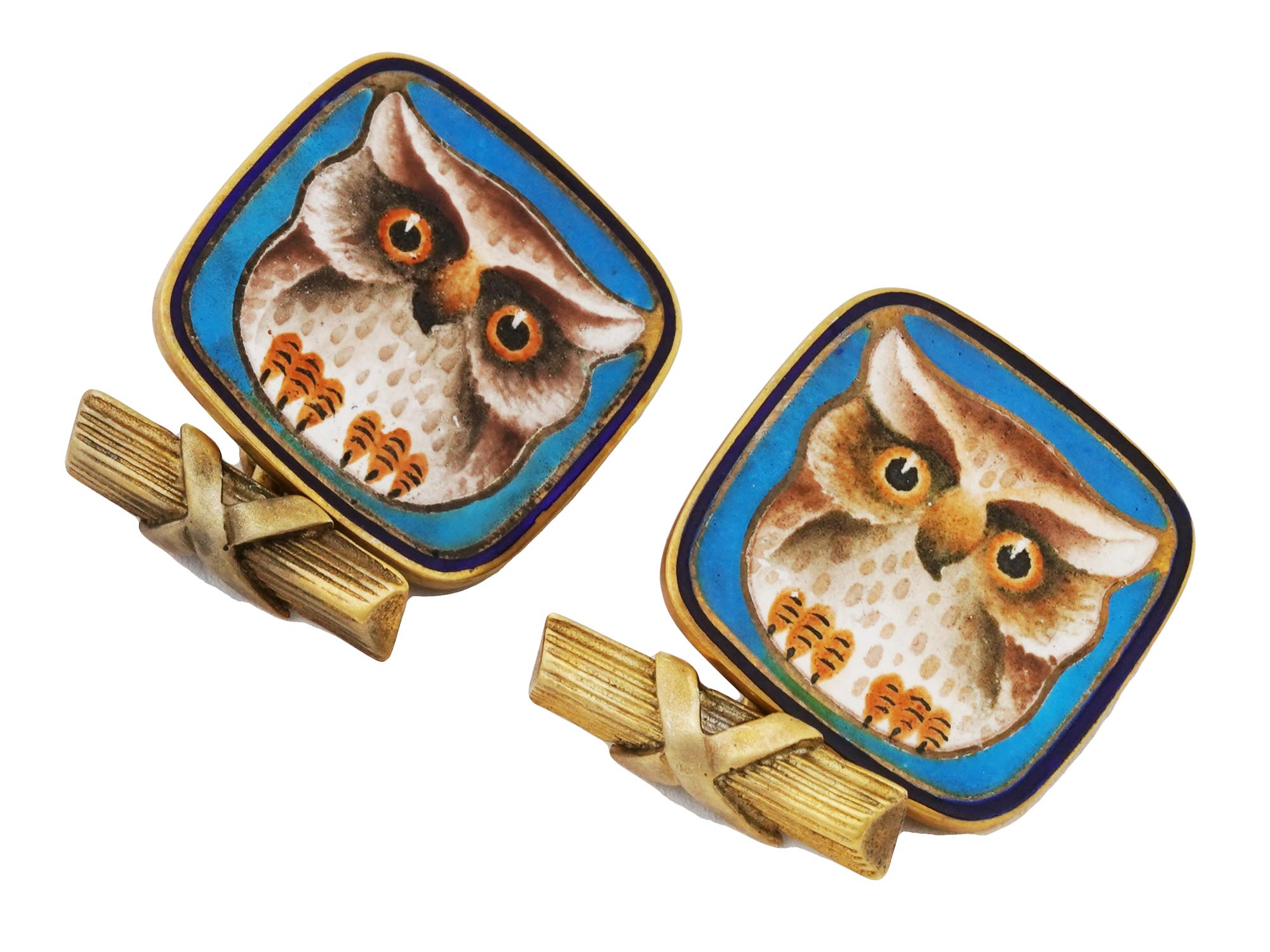 RUSSIAN SILVER GILT PAINTED ENAMEL OWL CUFFLINKS PIC-0