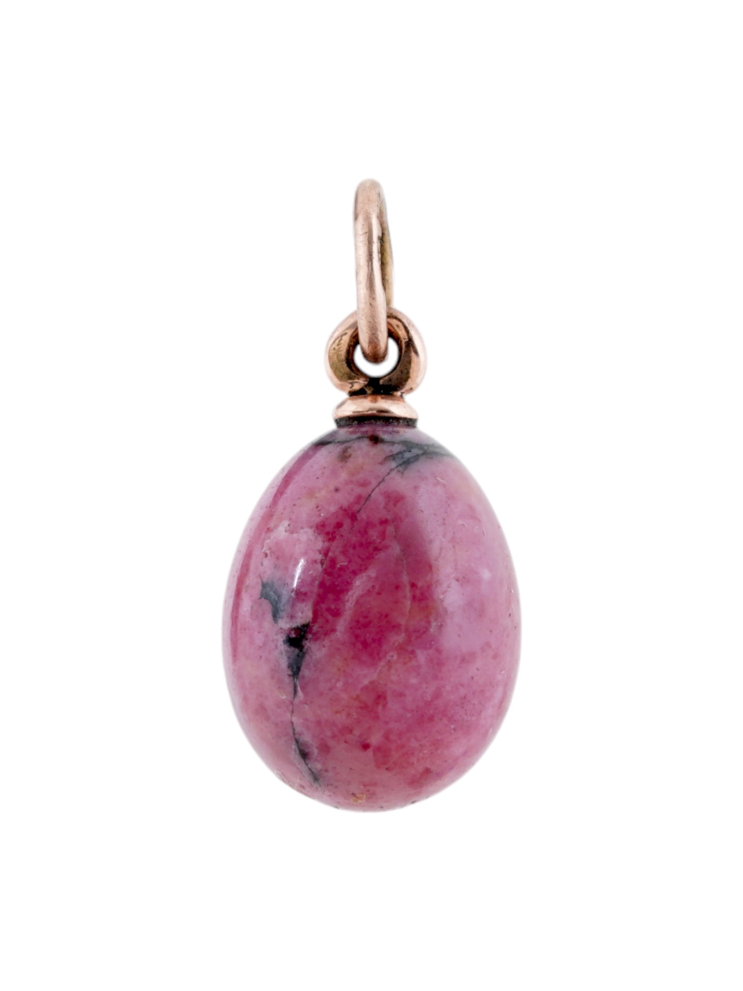 RUSSIAN CARVED RHODONITE EGG PENDANT WITH GOLD MOUNTS PIC-0