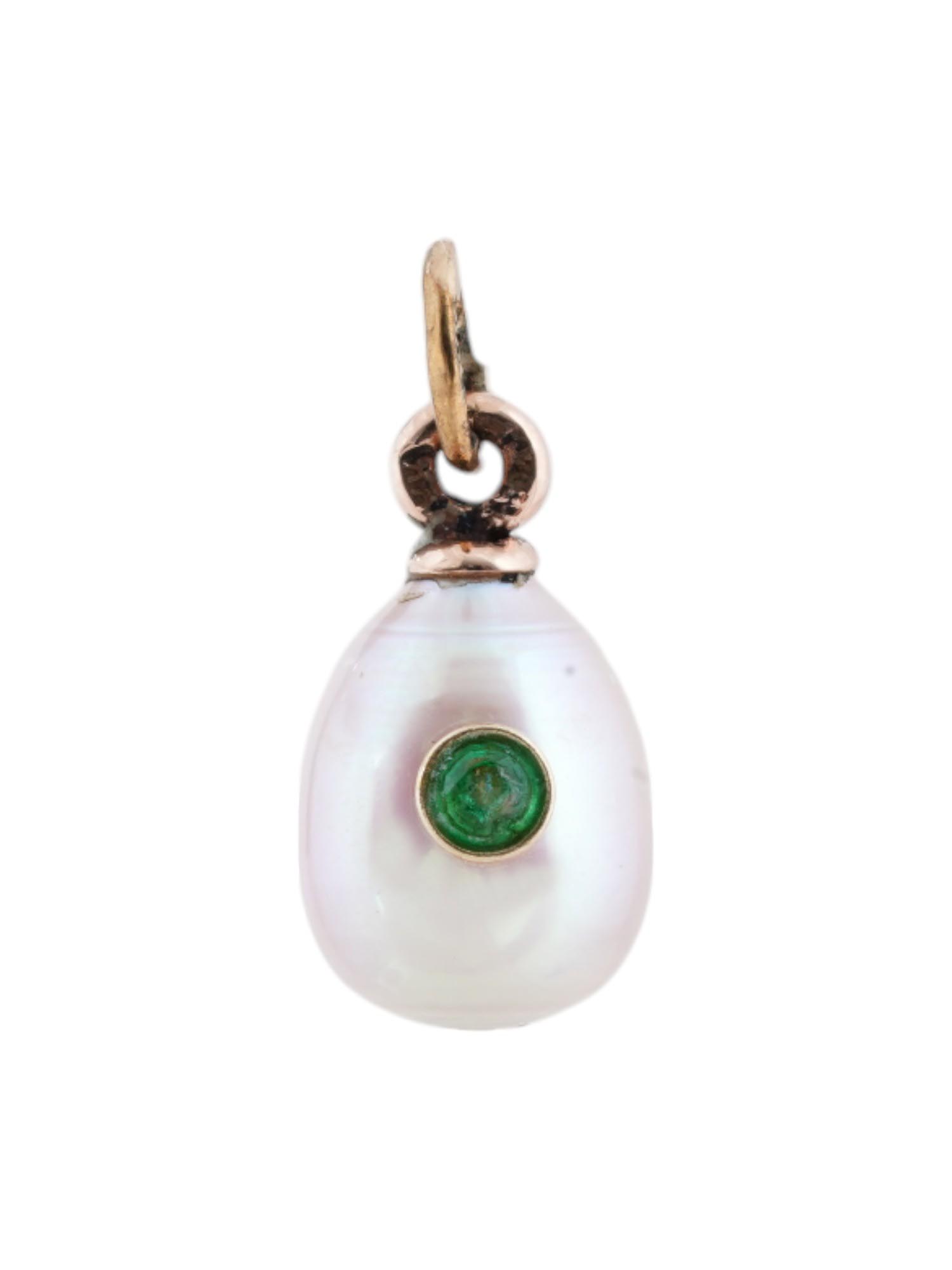 RUSSIAN 14K GOLD PEARL EMERALD STONE EGG PENDANT PIC-0