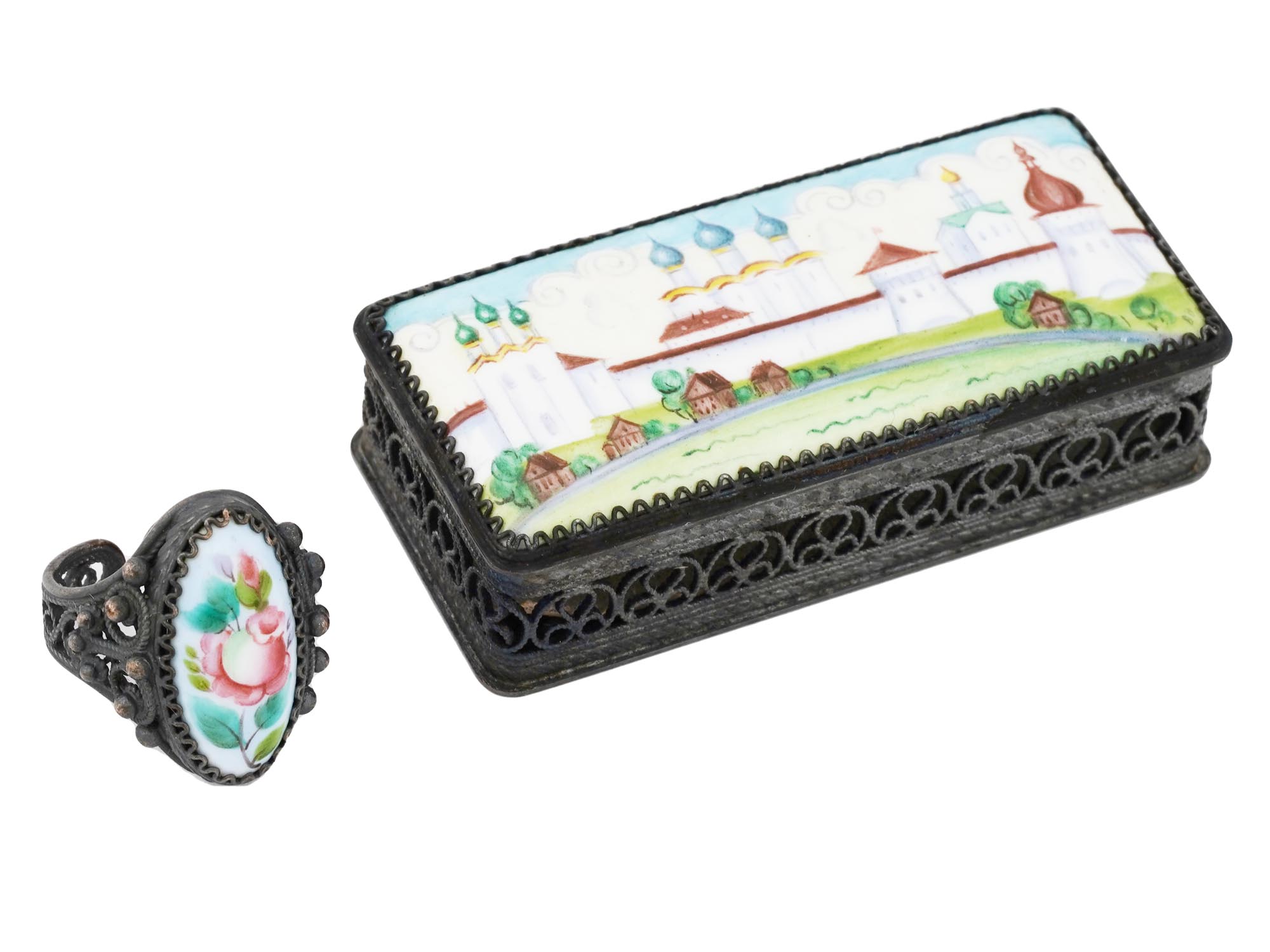 RUSSIAN HAND PAINTED ENAMEL FILIGREE PILLBOX AND RING PIC-0