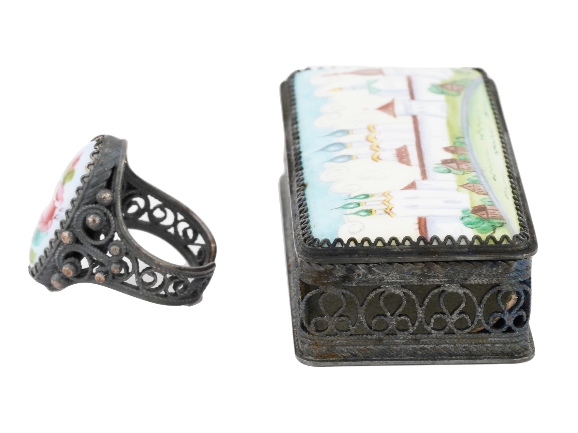 RUSSIAN HAND PAINTED ENAMEL FILIGREE PILLBOX AND RING PIC-3