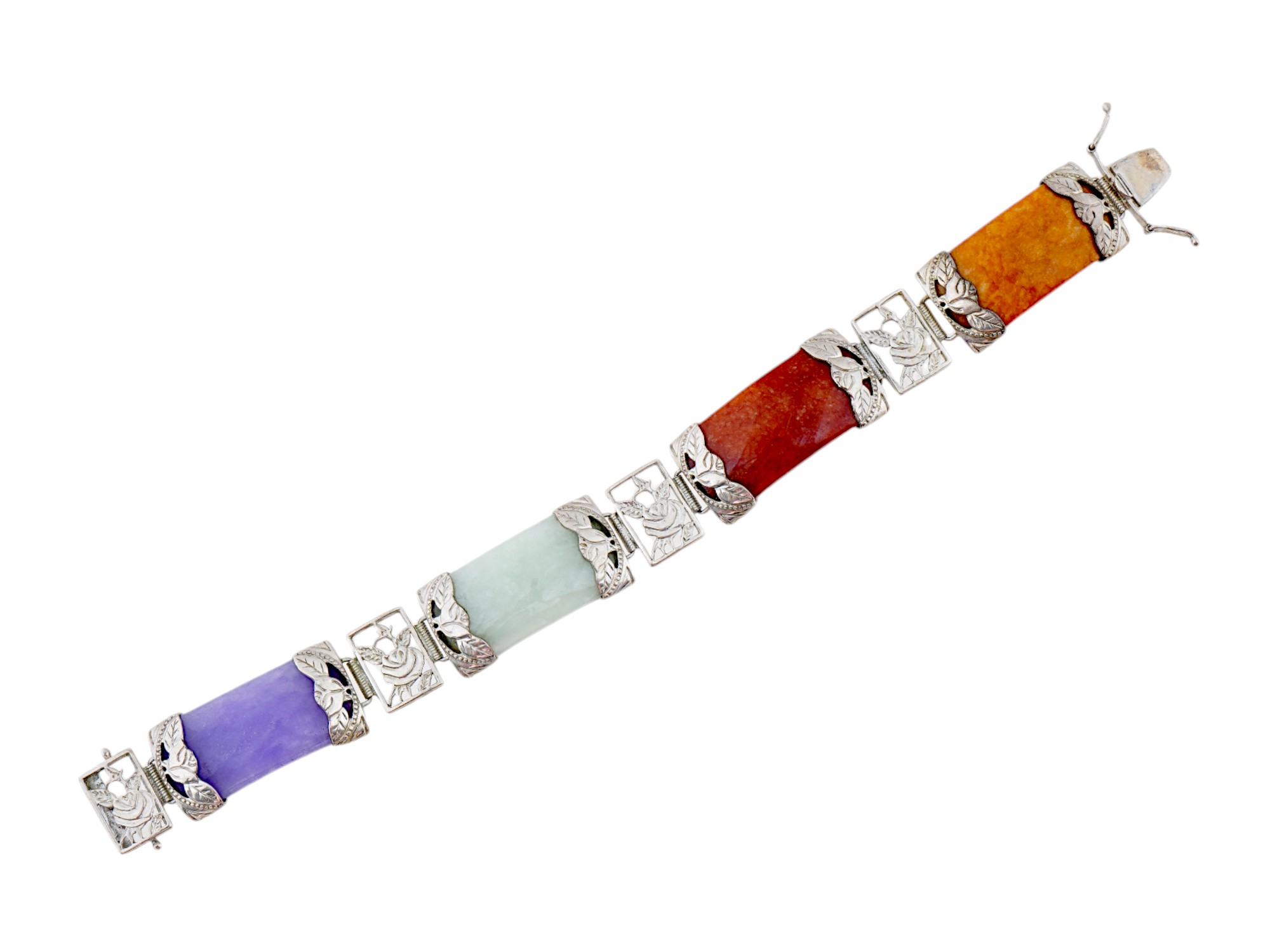 CHINESE STERLING SILVER JADE AND HARD STONE BRACELET PIC-3