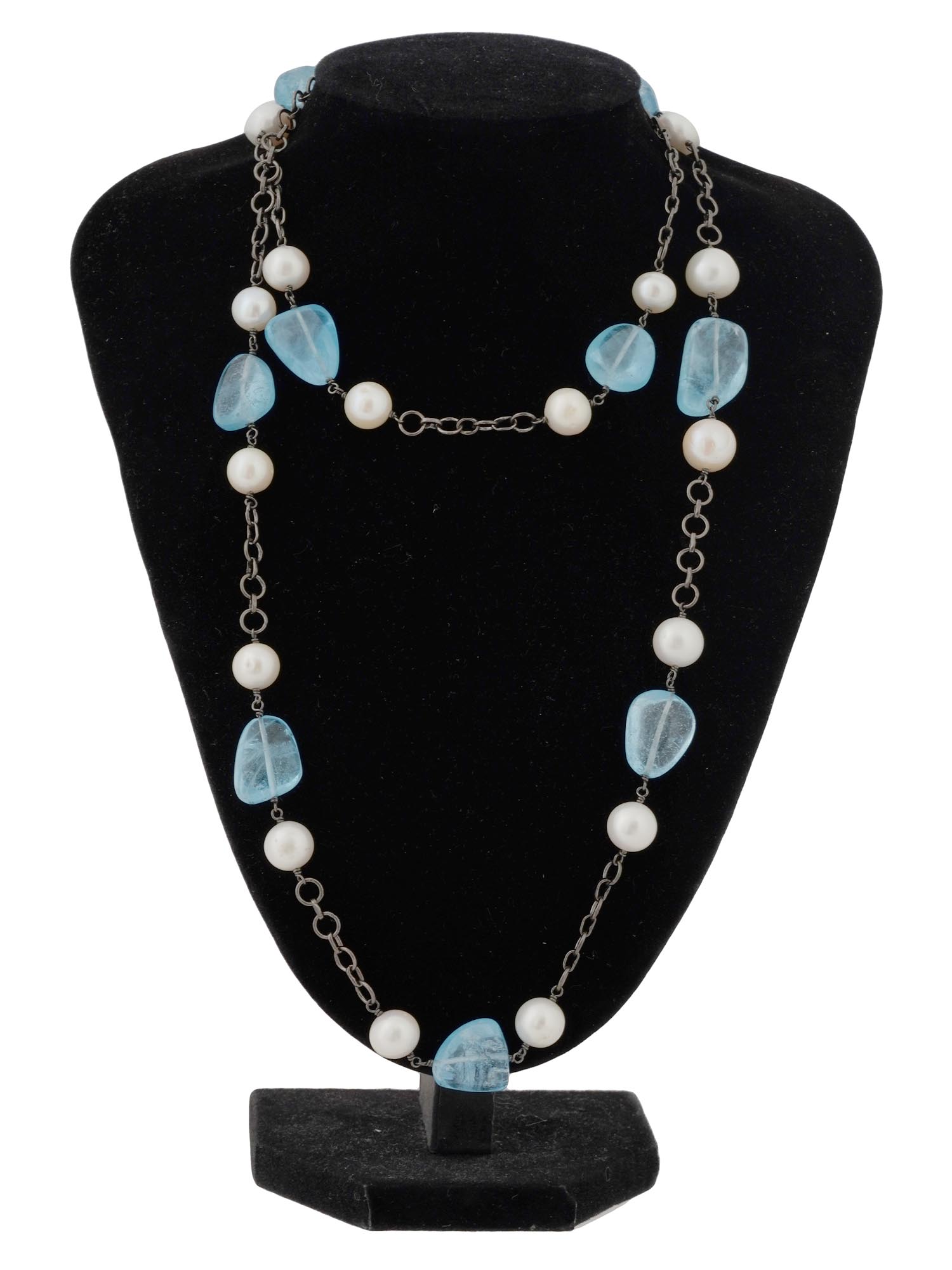 STERLING SILVER CHAIN AQUAMARINE AND PEARL NECKLACE PIC-0