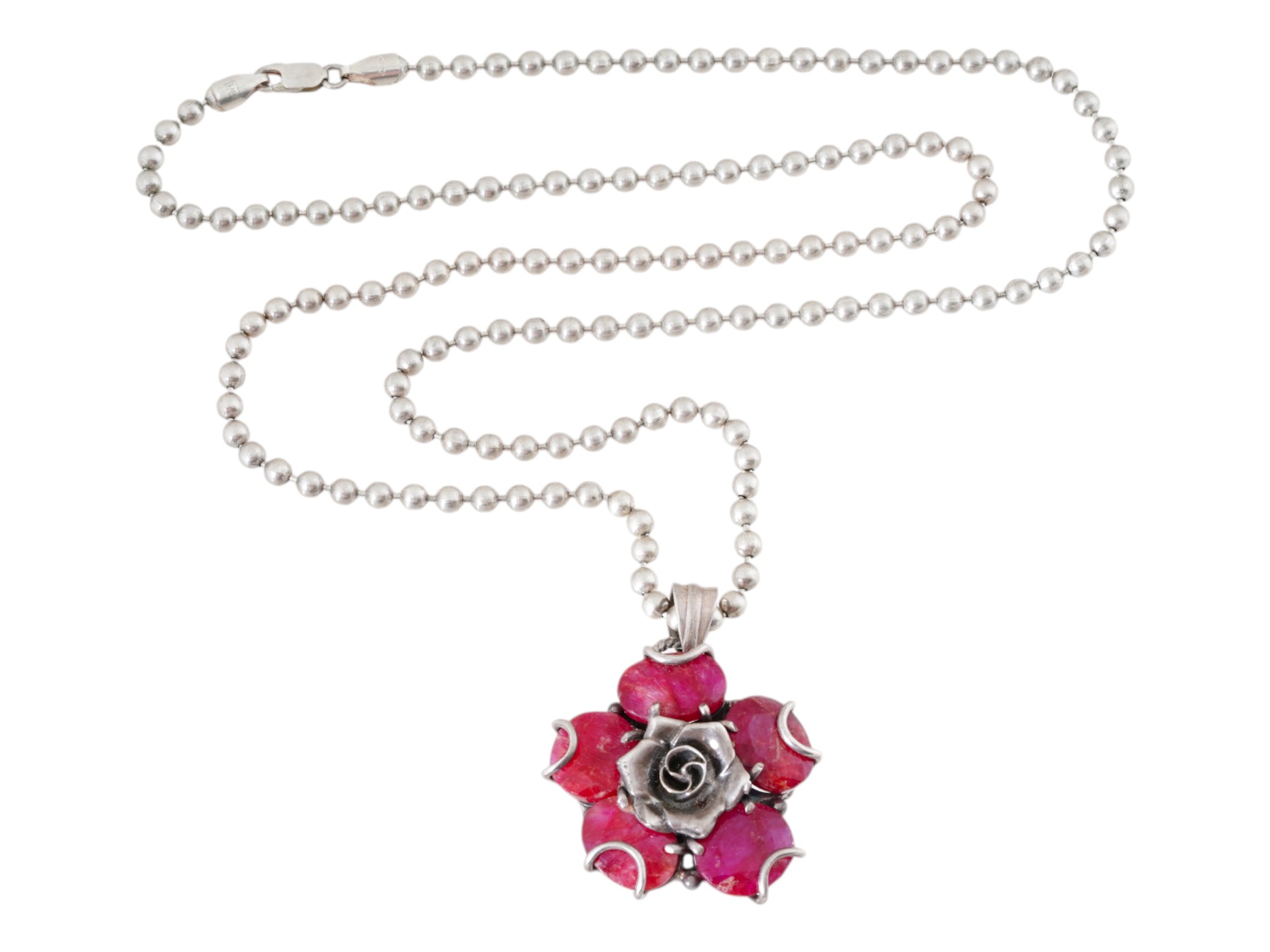 STERLING SILVER NECKLACE W RUBY STONE FLORAL PENDANT PIC-0