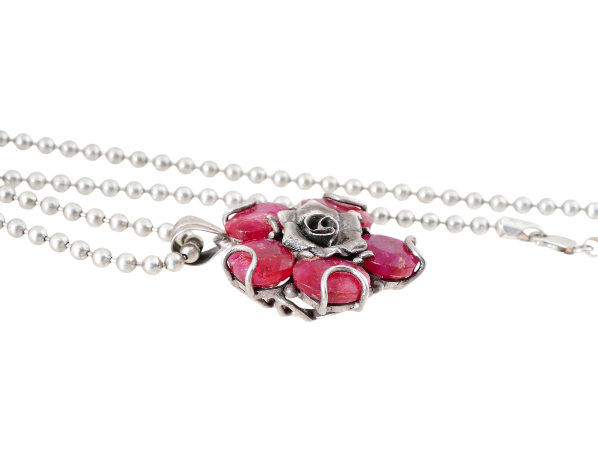 STERLING SILVER NECKLACE W RUBY STONE FLORAL PENDANT PIC-2