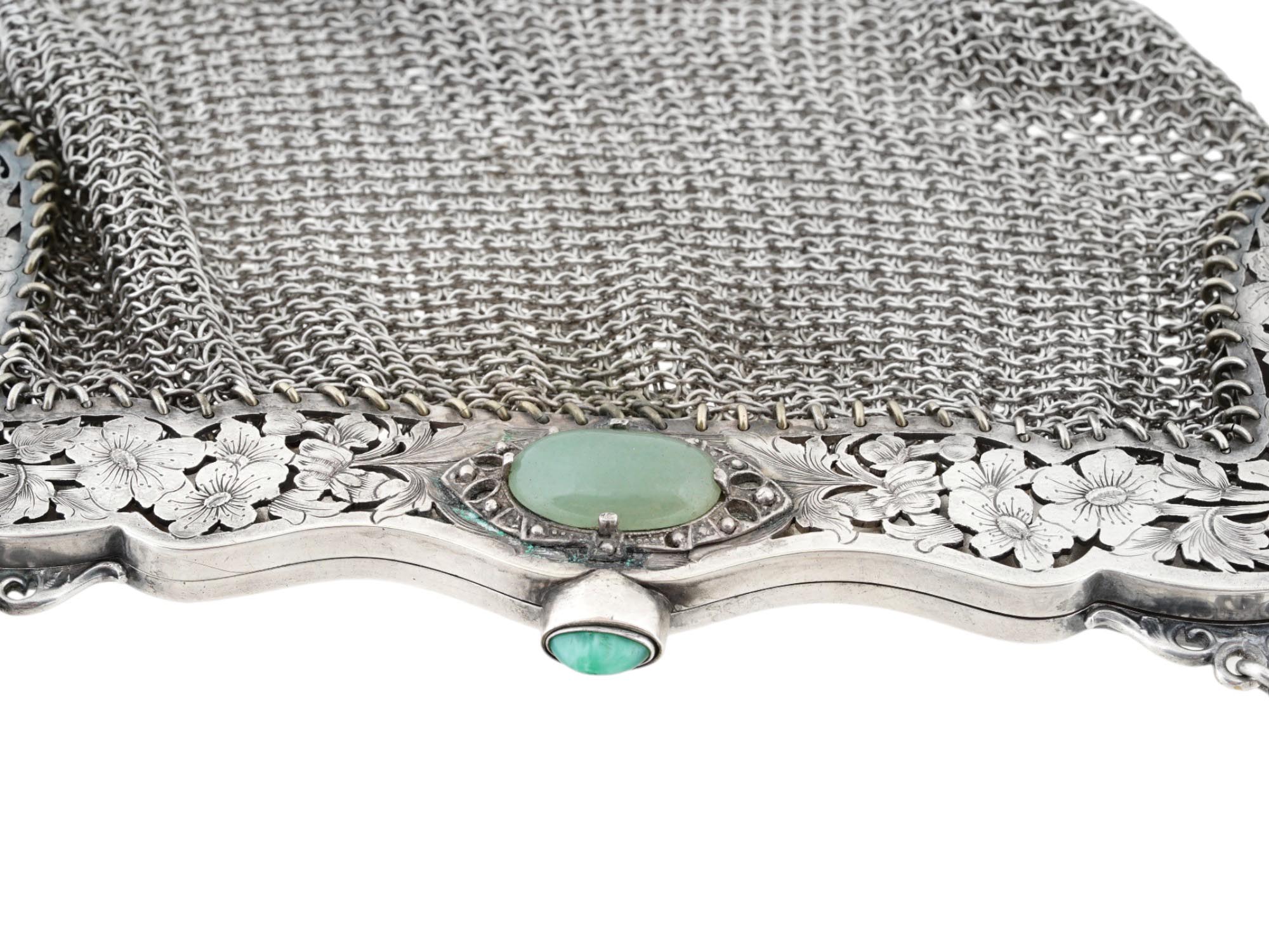 ANTIQUE VICTORIAN GERMAN SILVER MESH PURSE W JADE PIC-5