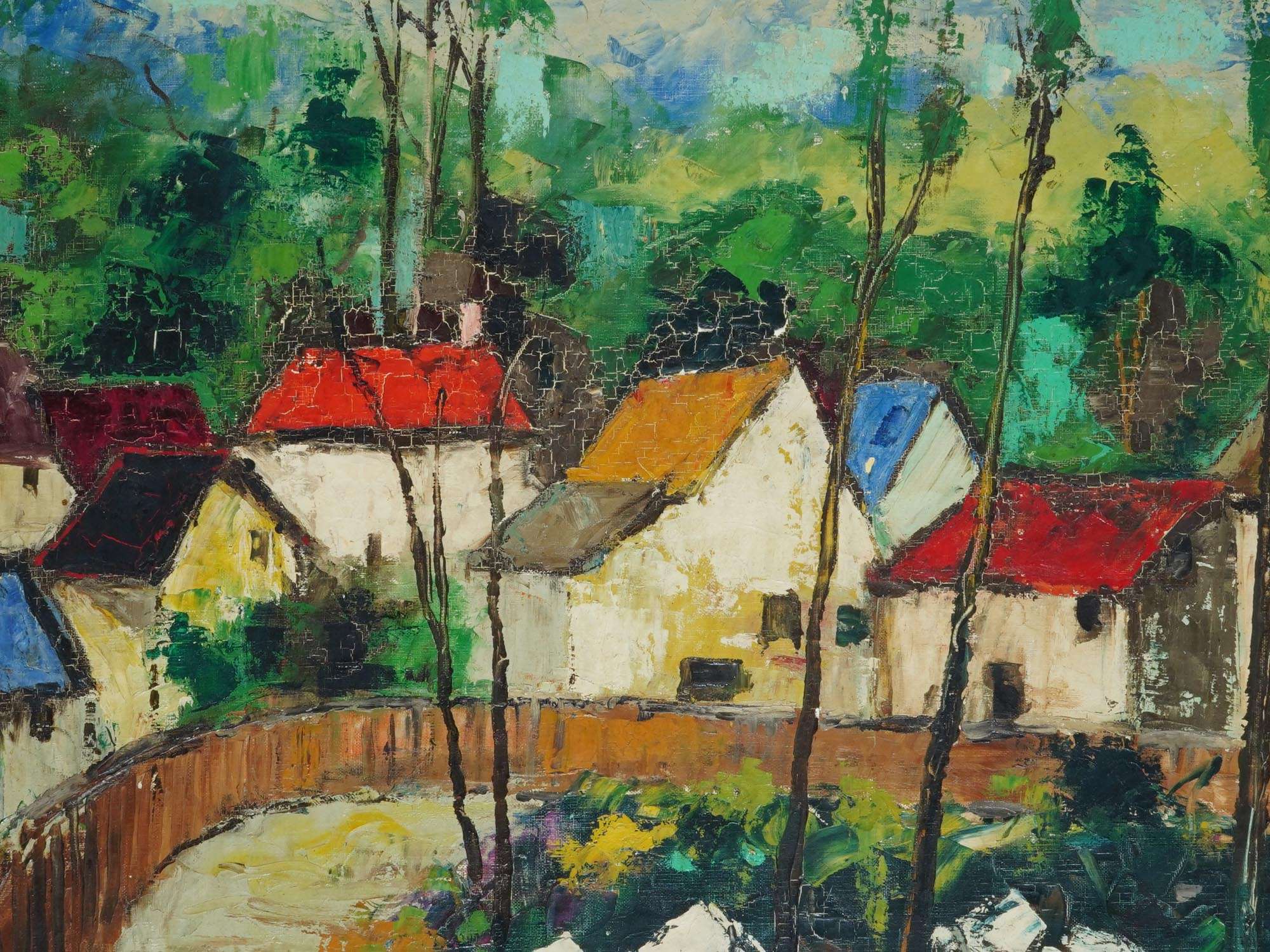 FRENCH VILLAGE LANDSCAPE PAINTING BY RENE DETIRE PIC-1