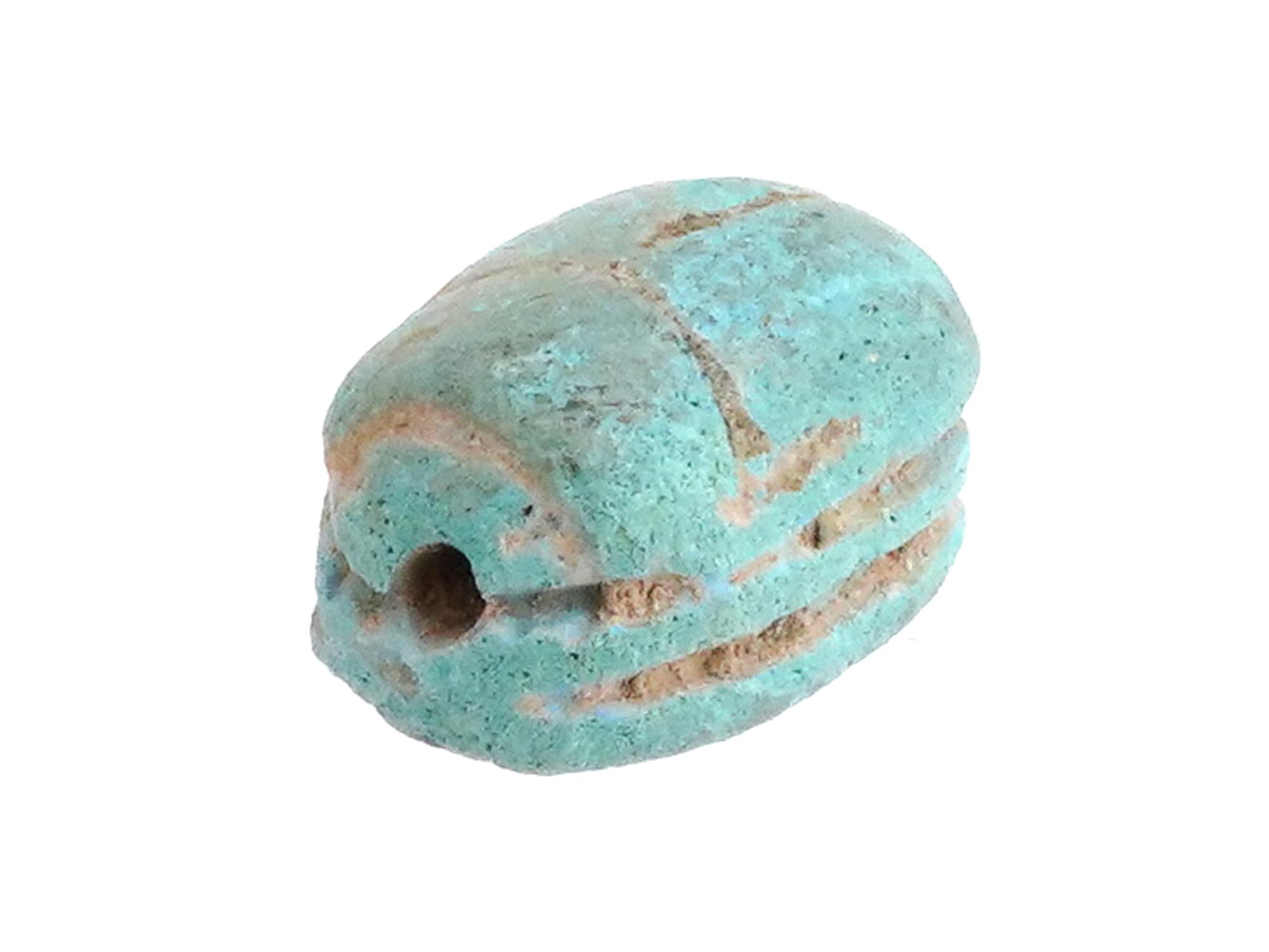 ANCIENT EGYPTIAN LATE PERIOD FAIENCE SCARAB AMULET BEAD PIC-