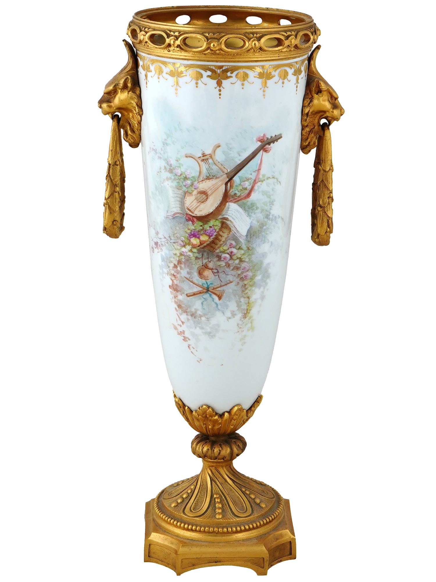 ANTIQUE FRENCH SEVRES PORCELAIN VASE IN BRONZE PIC-