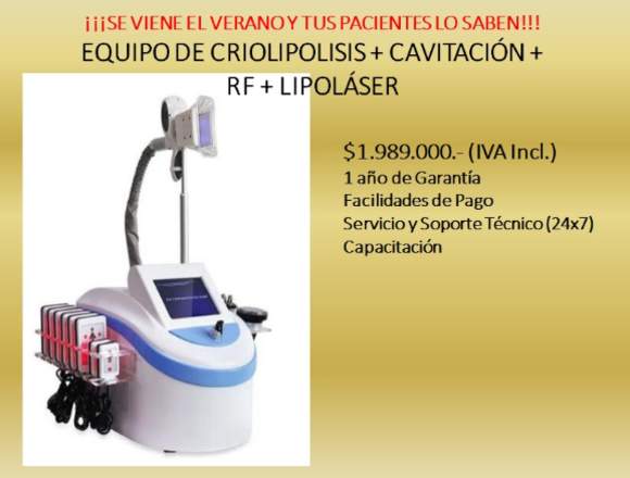 EQUIPO DE CRIOLIPOLISIS+CAVITACIÓN+RF+LIPOLÁSER