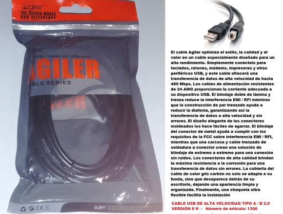 CABLE USB TIPO A / B 2.0 VERSIÓN 6 ft.