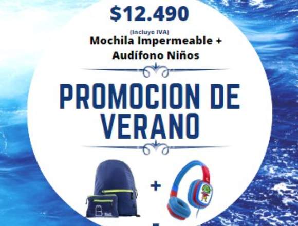 Mochila Impermeable Azul + Audífonos de niños.