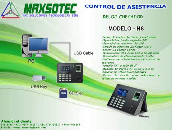 RELOJ CONTROL DE ASISTENCIA TK-100 Y H8/MAXSOTEC