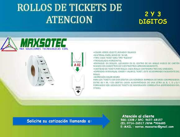 ROLLOS DE TICKETS DE 2 Y 3 DIGITOS /MAXSOTEC