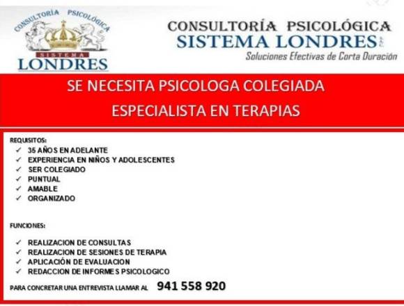 SE NECESITA PSICÓLOGAS COLEGIADAS