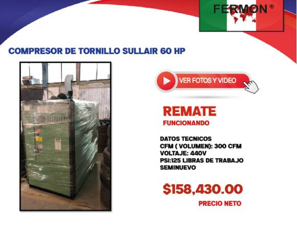 COMPRESOR DE TORNILLO SULLAIR 60 HP.