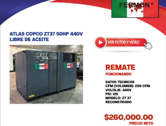 ATLAS COPCO ZT37 50HP 440V LIBRE DE ACEITE.