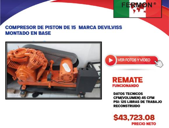 COMPRESOR DE PISTON DE 15 HP MARCA DEVILVISS C/B.