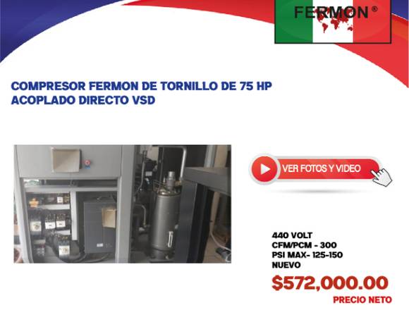 COMPRESOR FERMON DE TORNILLO DE 75 HP A/D VSD.