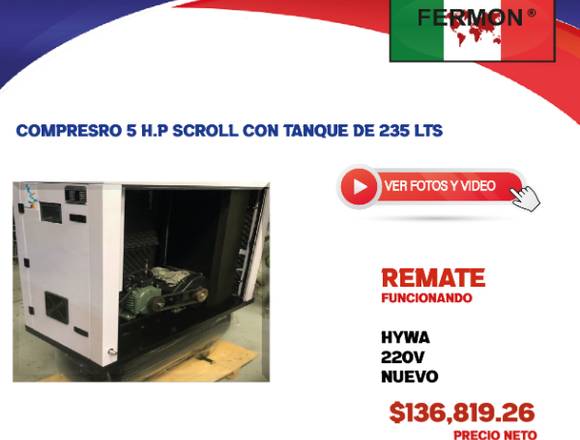 COMPRESOR DE 5HP SCROLL CON TANQUE DE 235 LTS L/A.