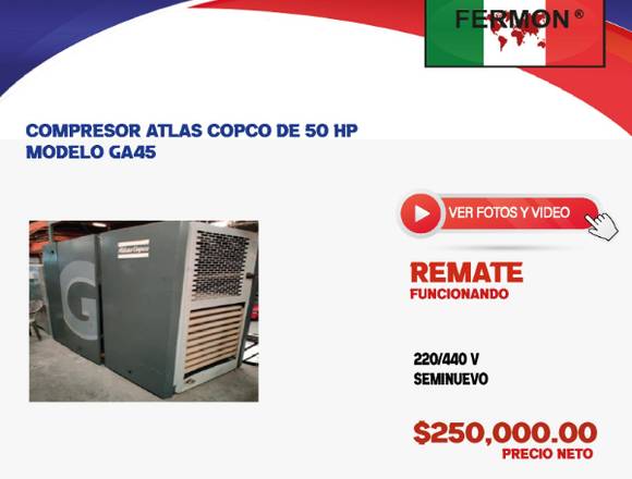 COMPRESOR ATLAS COPCO DE 50 HP MODELO GA45.