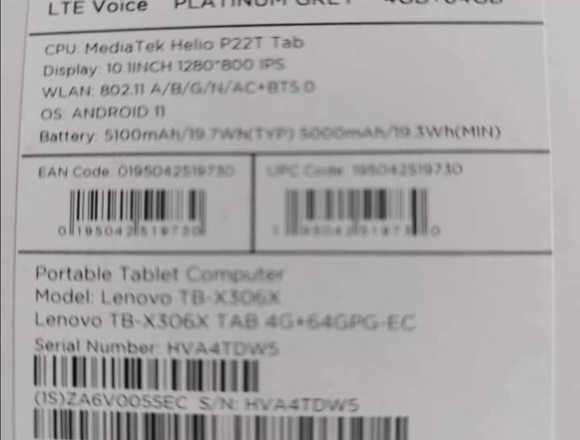 TABLET LENOVO 10.1" HD LTE Mod.TB - X306X  $ 7000