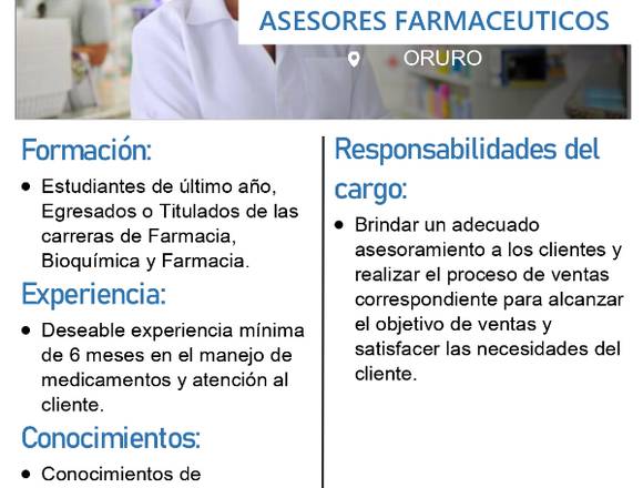 Asesores farmacéuticos en Oruro-Potosí-Sucre-Cbba