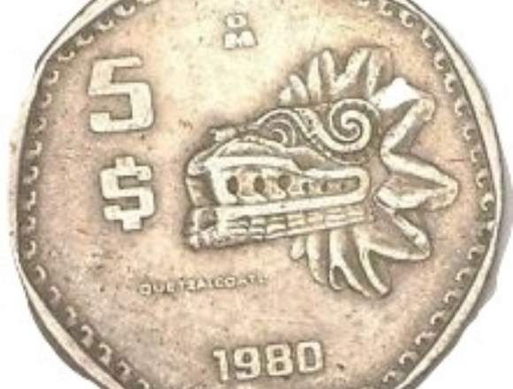 Moneda 5 Pesos Quetzalcoatl Mexico 1980 Usado