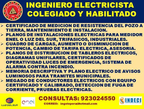 INGENIERO ELECTRICISTA COLEGIADO Y HABILITADO