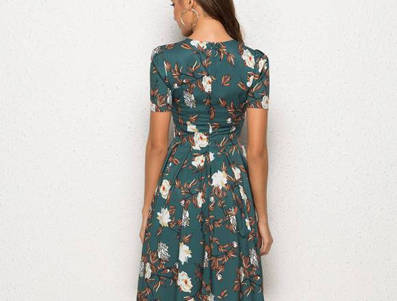 Vestido floral verde de manga corta para mujer