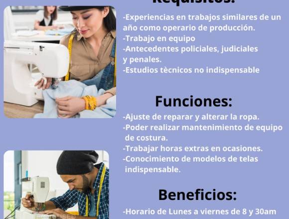 Empresa solicita costureros  con experiencias. 