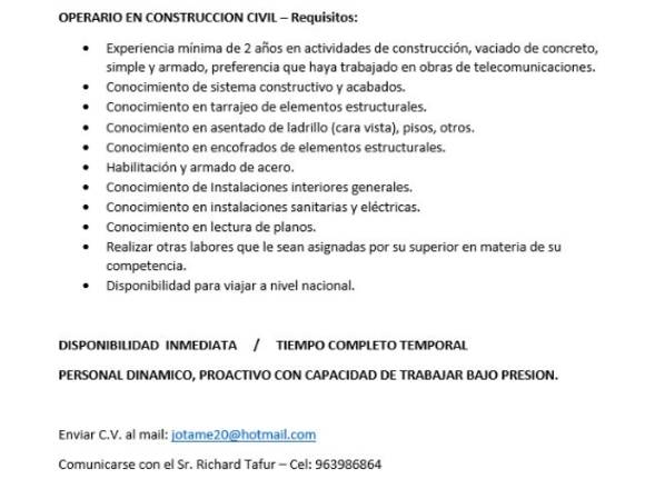 OPERARIO EN CONSTRUCCIÓN CIVIL - URGENTE.