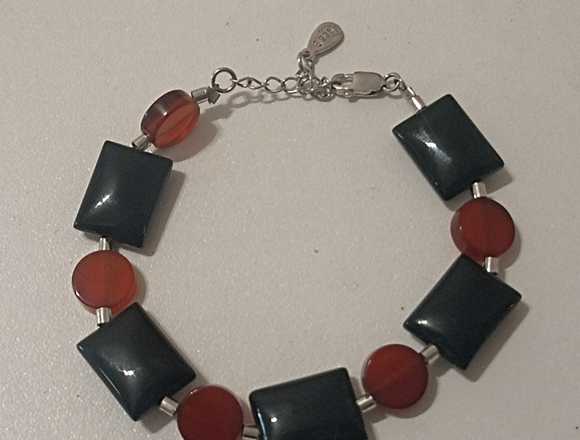 PULSERA DE PLATA S925,CON ONIX NEGRO Y AGATA ROJA 