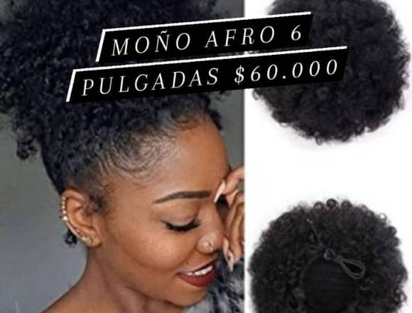 Moño afro de 6 pulgadas negro de fibra natural.